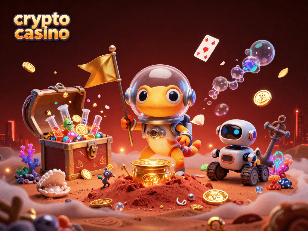 Cheerful alien bacteria celebrate crypto casino treasures with Martian gecko exploring golden loot.