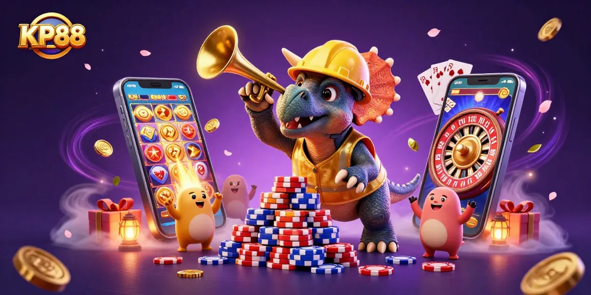 KP88 brings excitement with vibrant casino elements, featuring a triceratops and joyous characters celebrating wins.