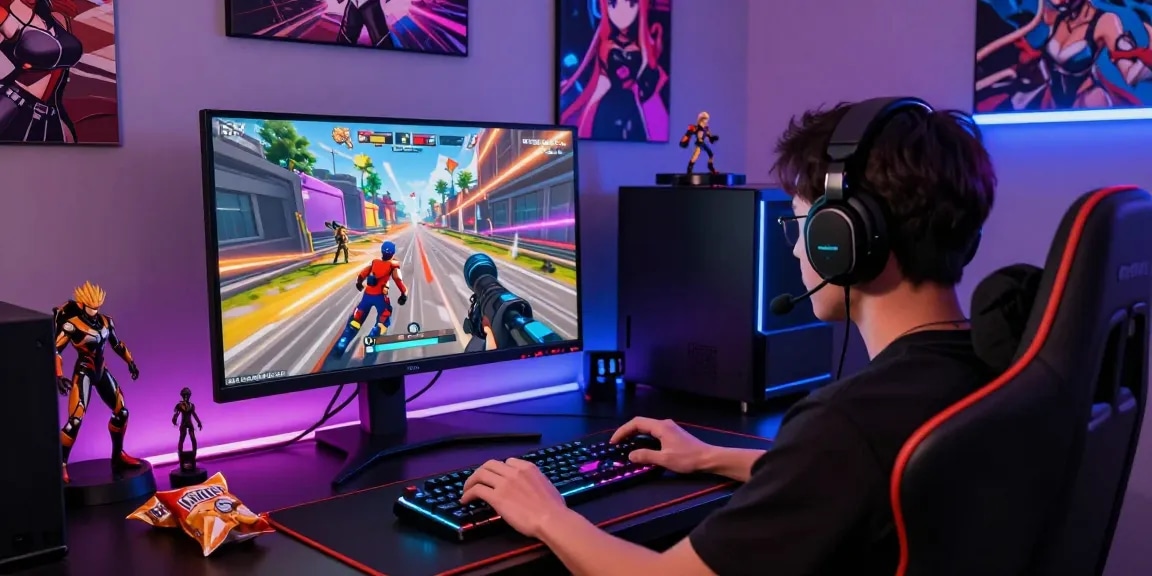 Engaging scene of a gamer immersed in a 3d ecchi game experience.