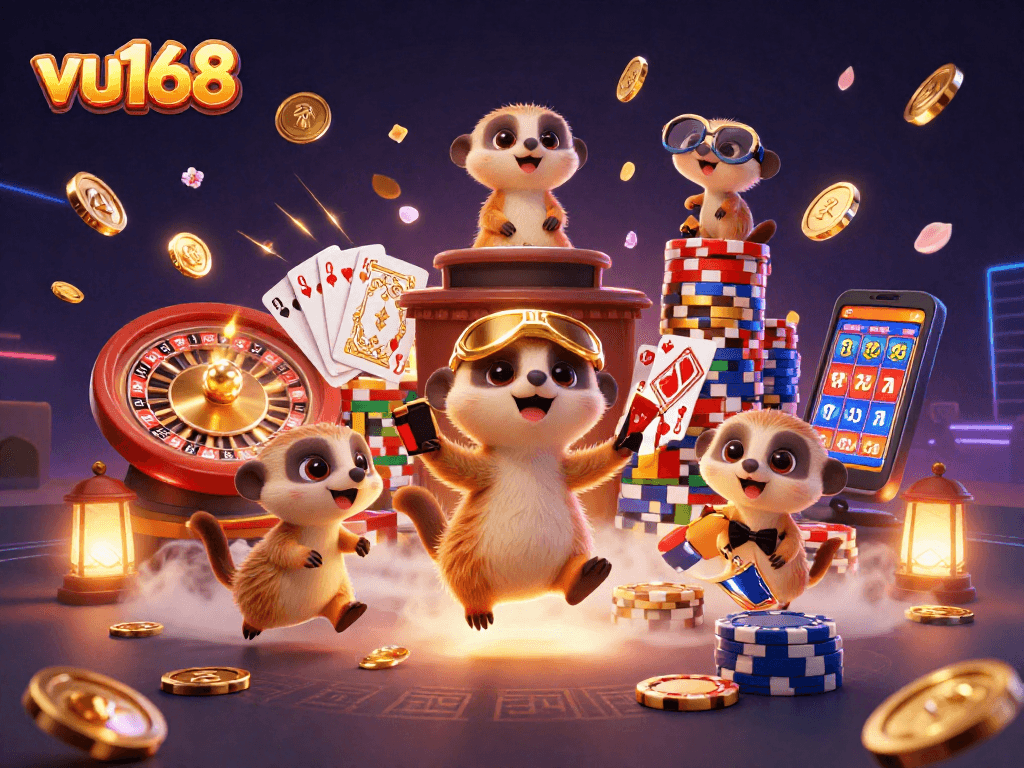 Experience thrilling gameplay at vu168 with meerkats managing a bustling casino, surrounded by dazzling coins.