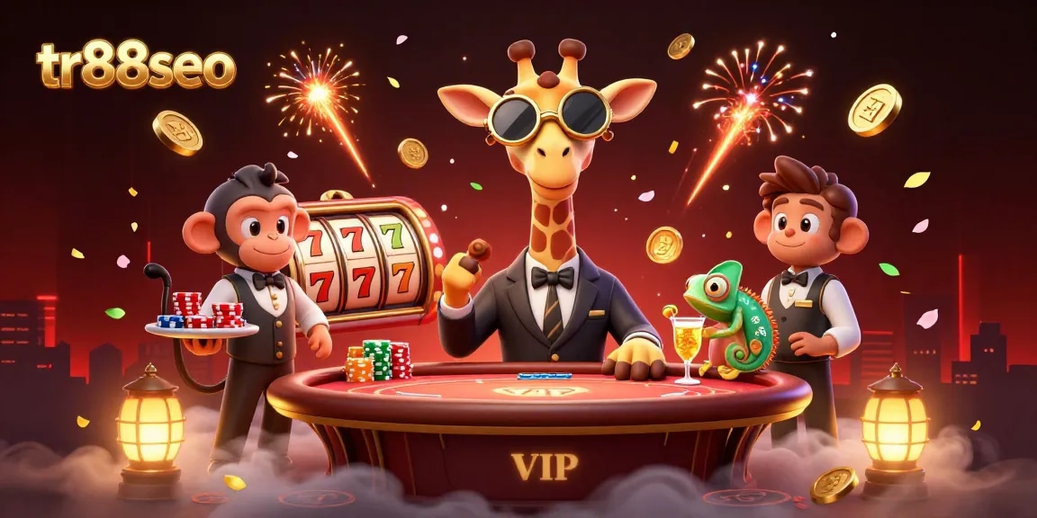 Win big with tr88seo as the high-roller giraffe plays poker alongside charming characters in a lively scene.