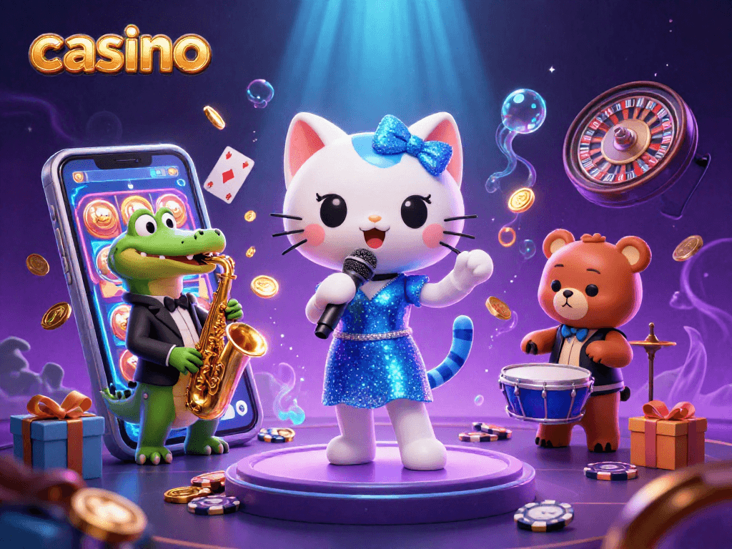 Engage with a vibrant casino scene featuring a jazz-singer cat, a saxophone crocodile, and a drum-playing bear.