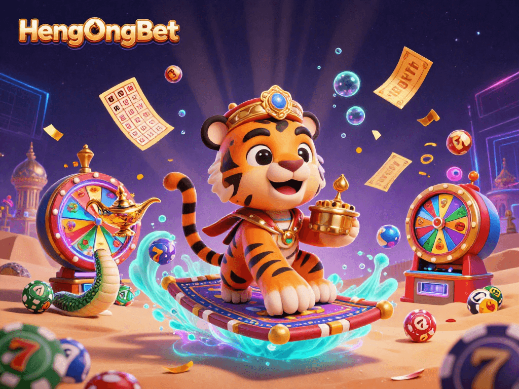 Experience the vibrant gaming atmosphere at HengOngBet with dynamic illustrations featuring a casino theme.