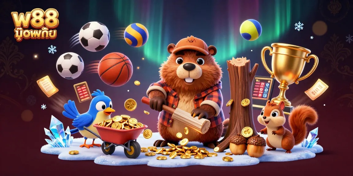 w88 มือถือ offers thrilling adventures with cartoon characters gambling in a vibrant casino scene.
