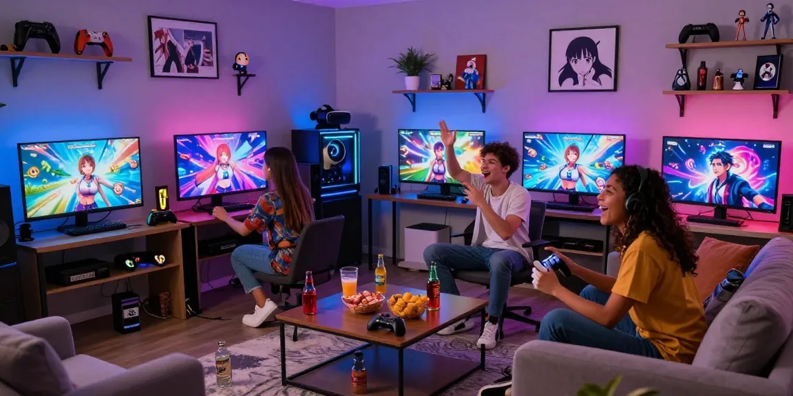 Friends playing hentai games together in a vibrant living room