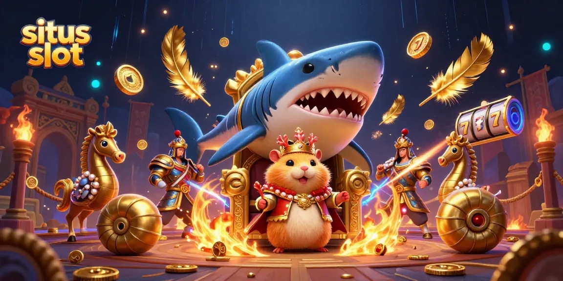 Ilustrasi kasino situs slot menampilkan raja hamster emas dengan mahkota karang dikelilingi petugas pengawal kuda laut.