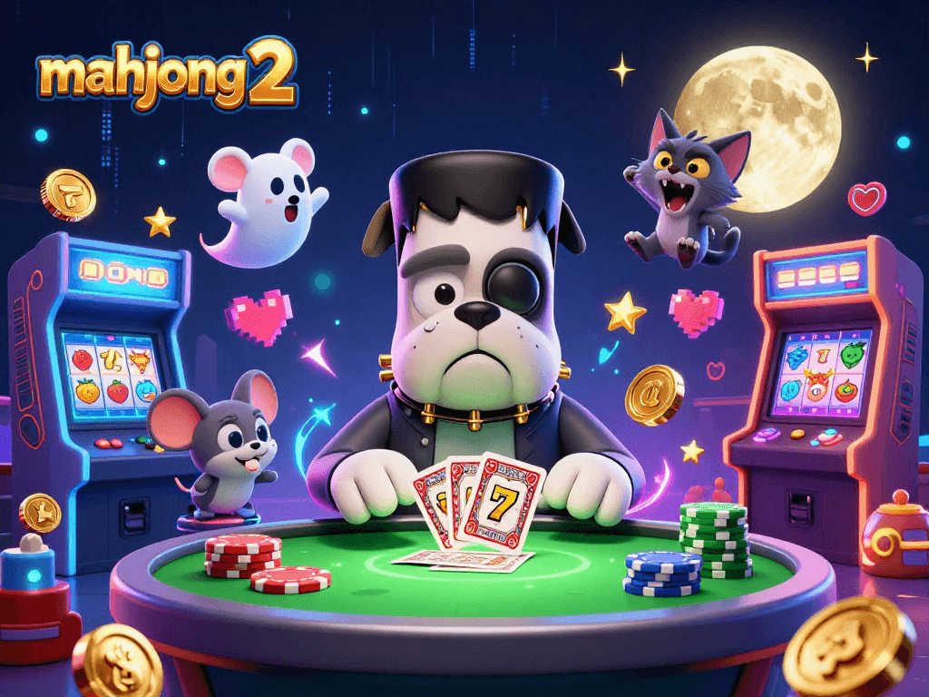 Engage with Mahjong 2 slots featuring vibrant 3D characters at an electrifying casino table.
