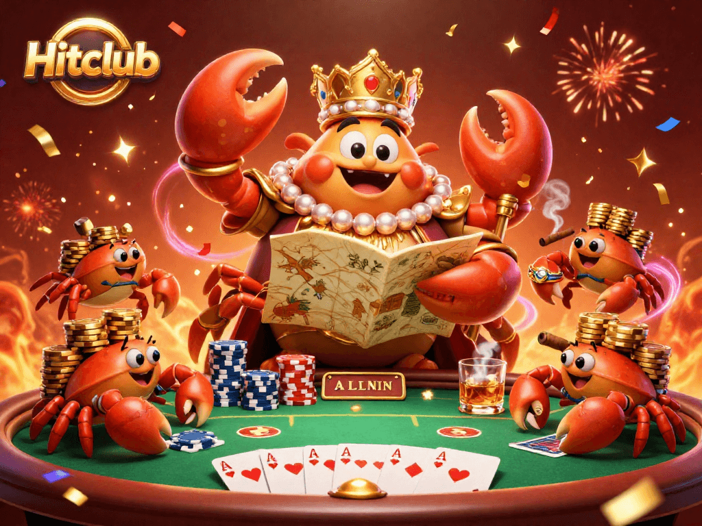 Win big with Hitclub at a lively poker table featuring a golden crab emperor and vibrant game elements.
