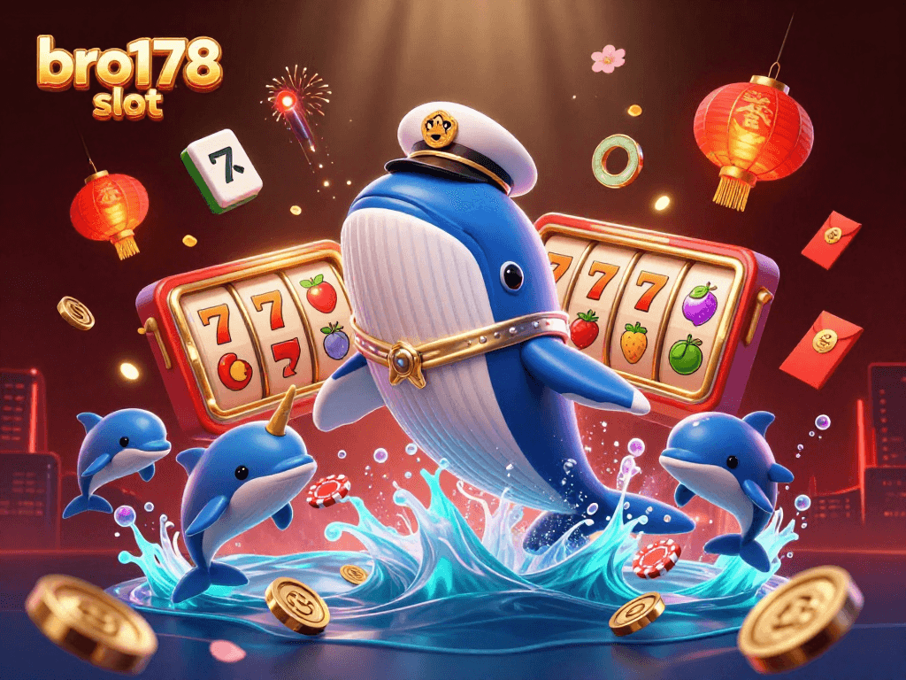 Gambaran menarik dari bro178 slot dengan ikan paus dan permainan kasino mengelilingi suasana meriah.