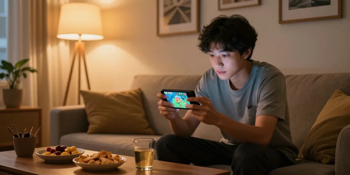 A young adult enjoying the 3 Patti World game on their smartphone, apk download on screen, cozy living room setting with snacks.