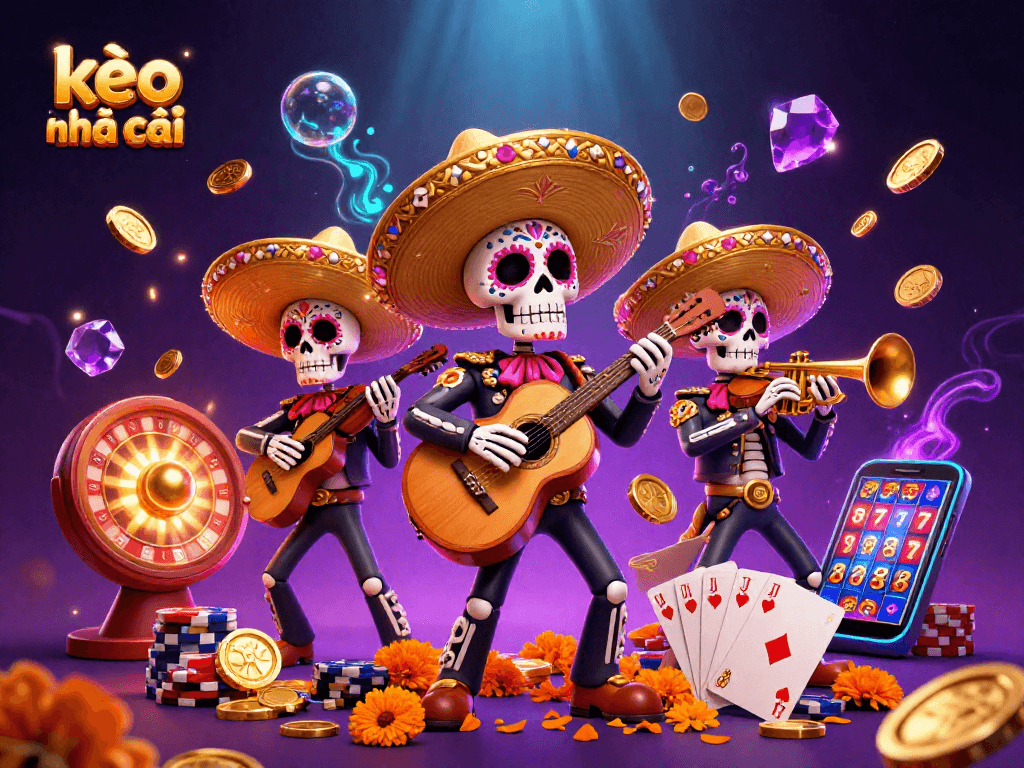 Engage with kèo nhà cái through vibrant 3D illustration showcasing a lively mariachi band and casino elements.
