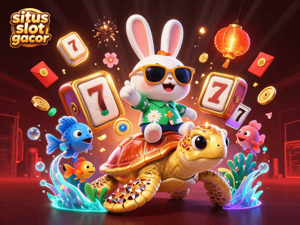 Play exciting games on situs slot gacor, featuring a playful rabbit and golden turtle amidst colorful casino elements.