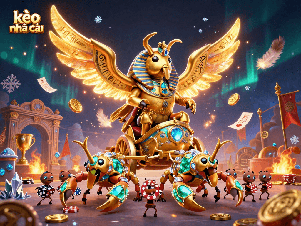 Experience thrilling kèo nhà cái action with a golden scarab beetle and vibrant casino elements.