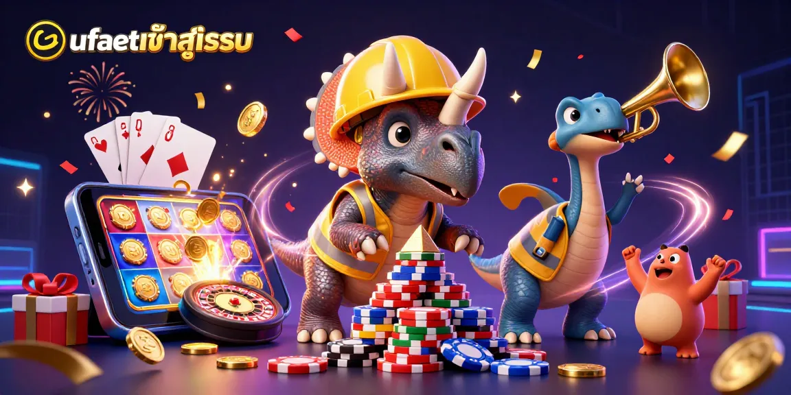 ufabetเข้าสู่ระบบ showcases a lively casino scene with vibrant characters and exciting gaming elements.