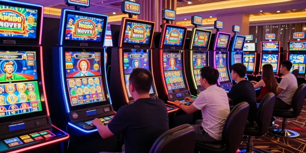 A lively online casino with diverse players engaging with colorful slot machines, showcasing excitement and entertainment.