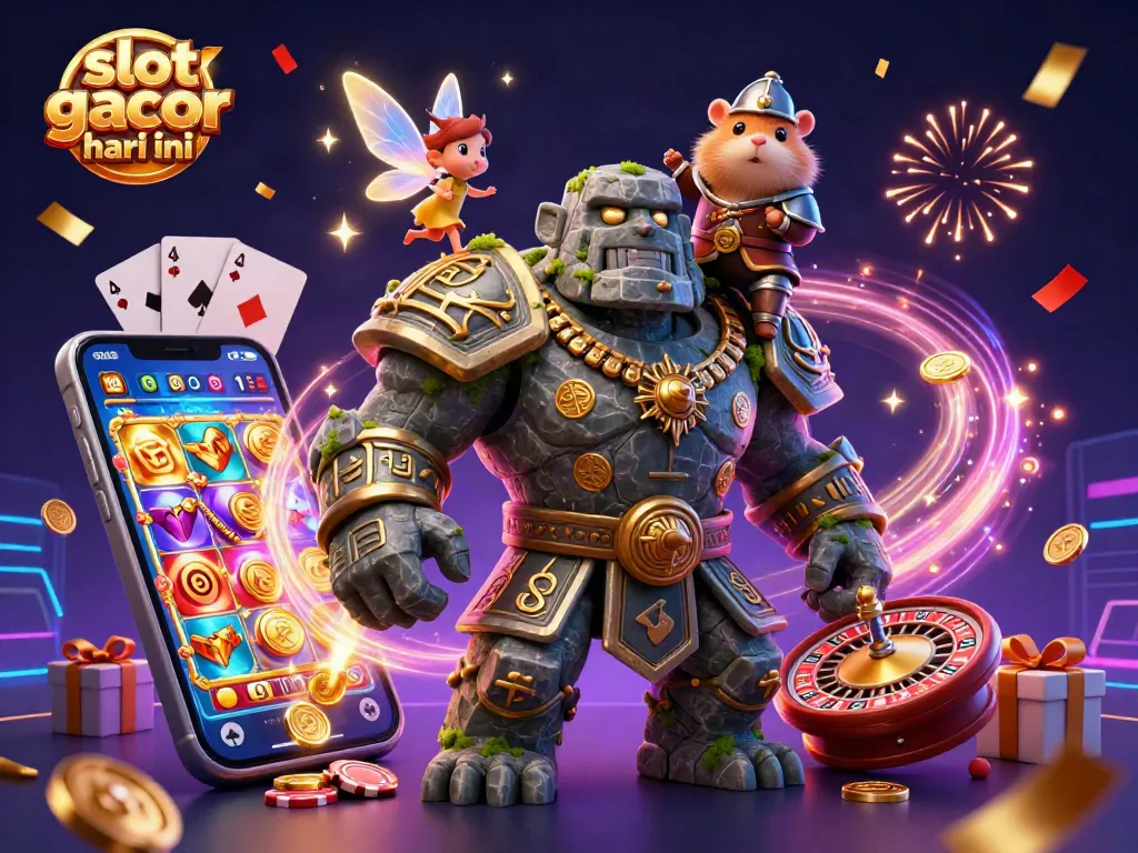 Menampilkan slot gacor hari ini, ilustrasi 3D golem kuno dan karakter lucu dalam suasana meriah kasino.