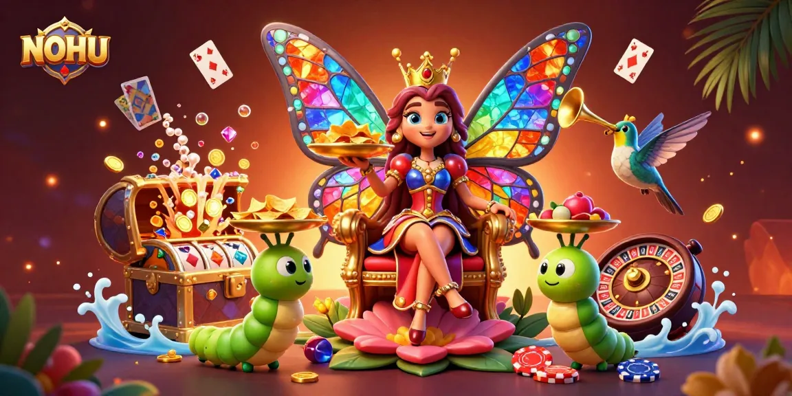 Experience NOHU's vibrant casino magic with a colorful butterfly queen and enchanting treasures.