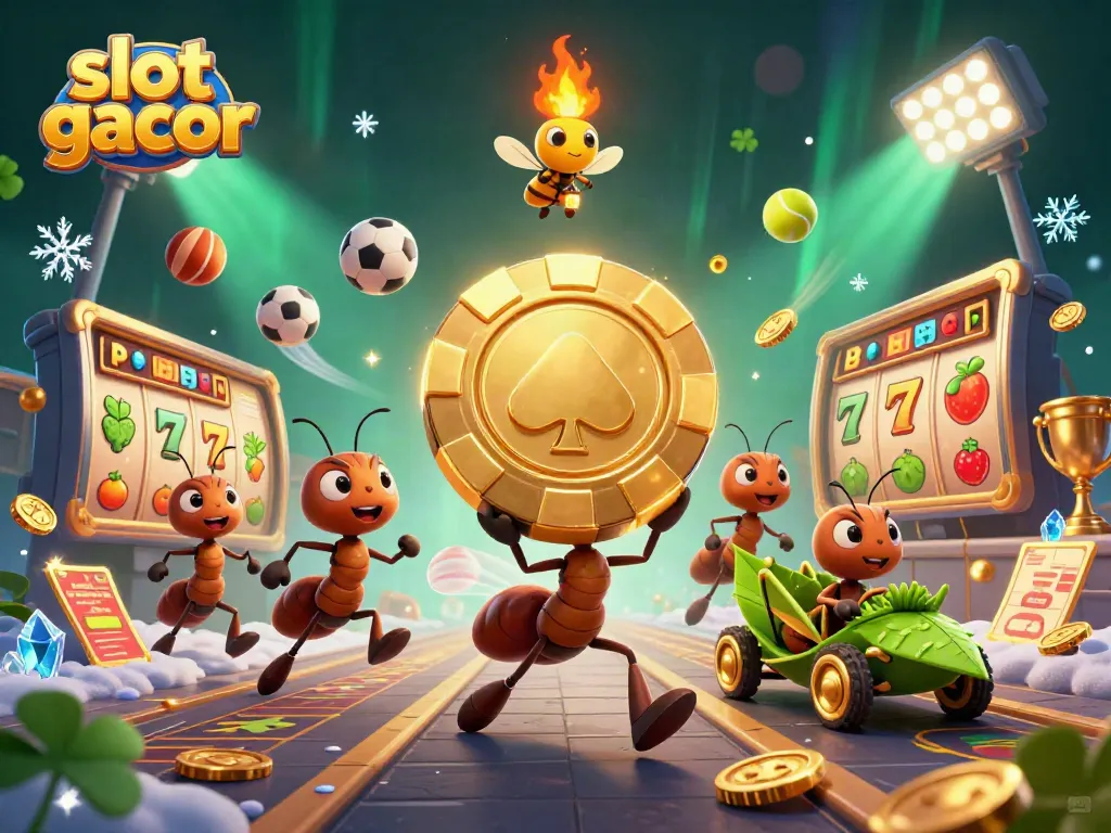 Experience thrilling slot gacor action with animated ants carrying a giant poker chip.