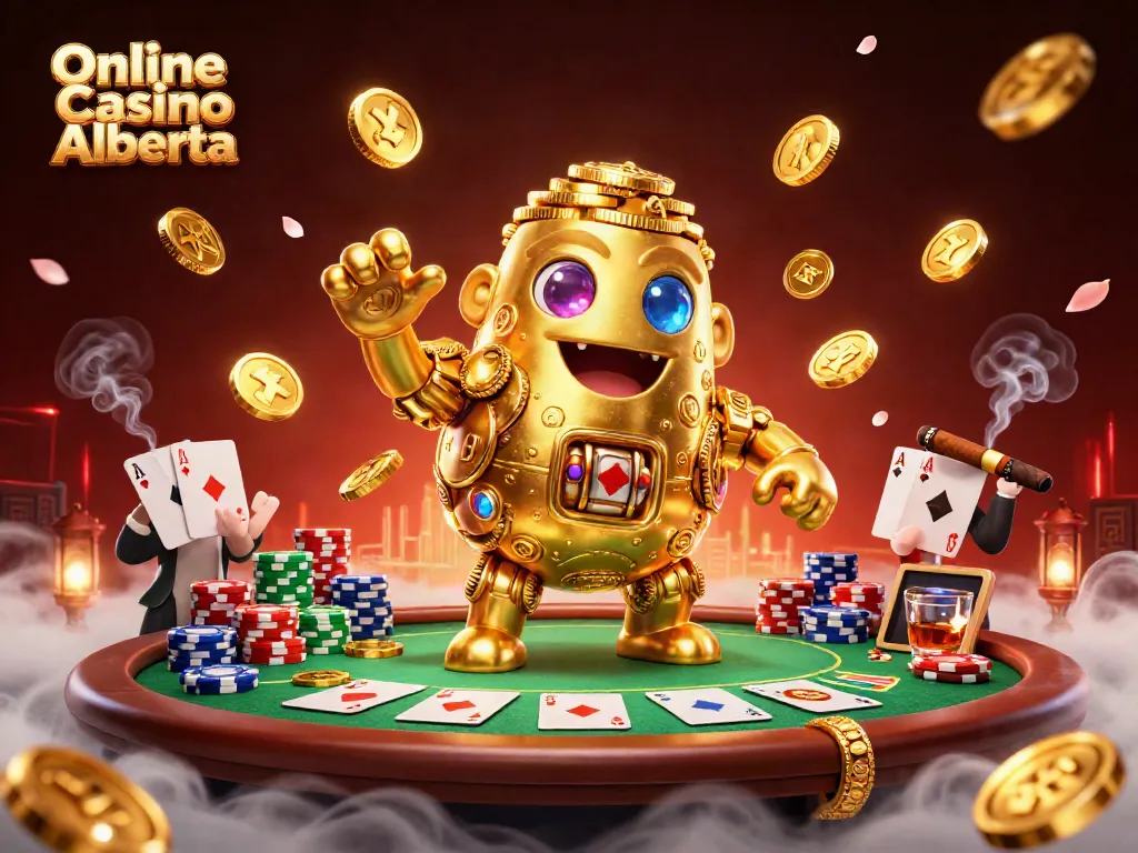 Play immersive games at Online Casino Alberta with a golden golem and poker elements featured.