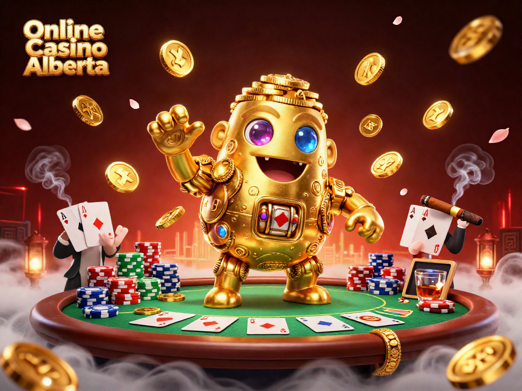 Play immersive games at Online Casino Alberta with a golden golem and poker elements featured.