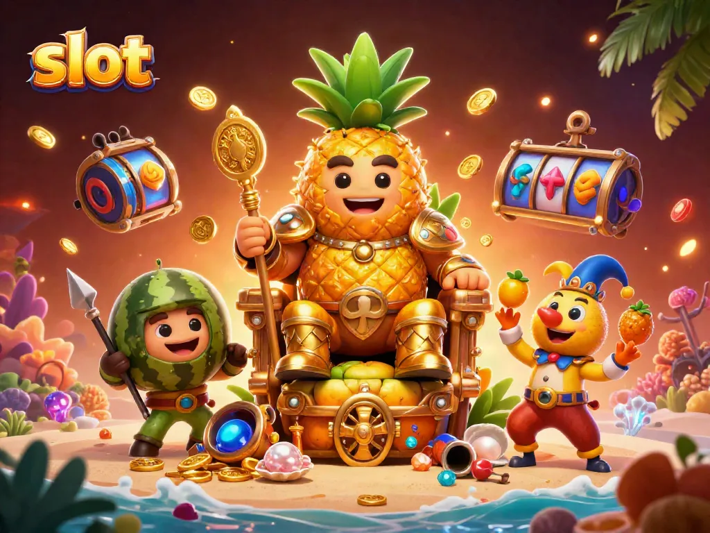 Menangkan slot di kasino dengan ilustrasi raja nanas berharga dan pasukan buahnya.