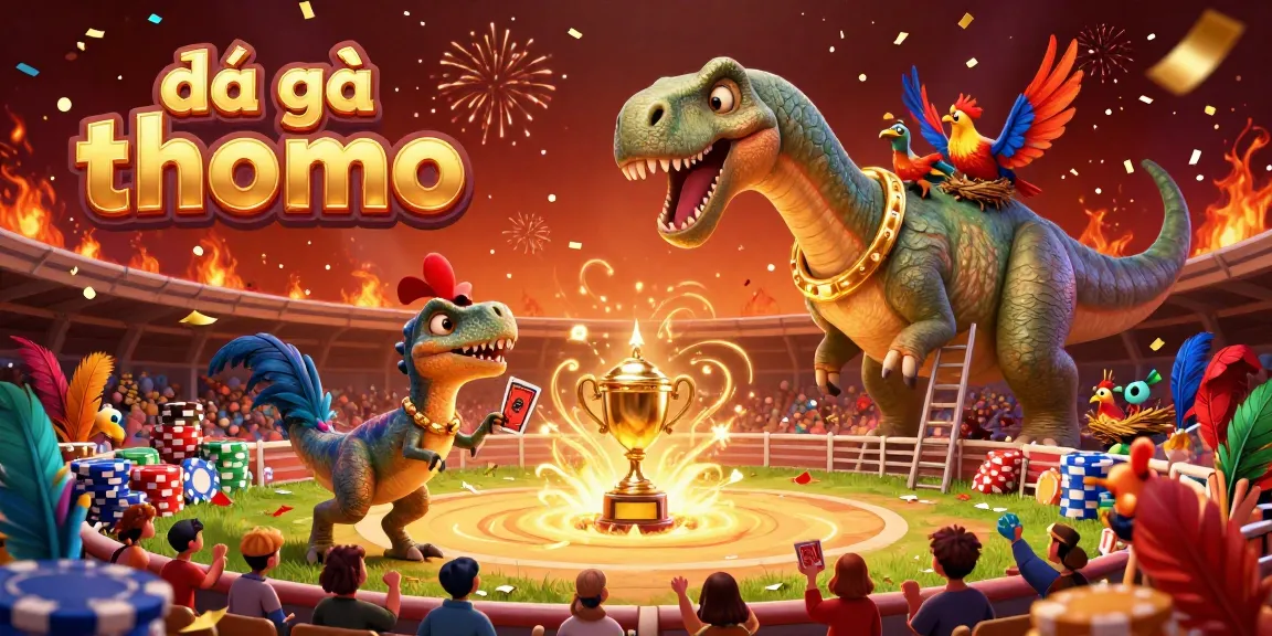 Engage in đá gà thomo excitement as a giant dinosaur oversees a lively cockfighting arena filled with vibrant energy.