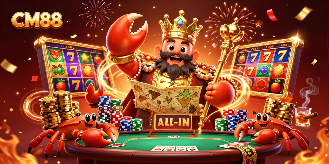 Engage in thrilling CM88 gaming with a golden crab emperor and vibrant slot machines in this immersive scene.