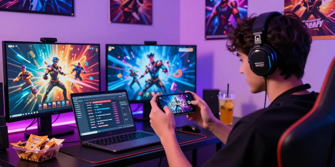 Enthusiastic gamer downloading 918kiss apk download in a vibrant gaming setup with neon lights.