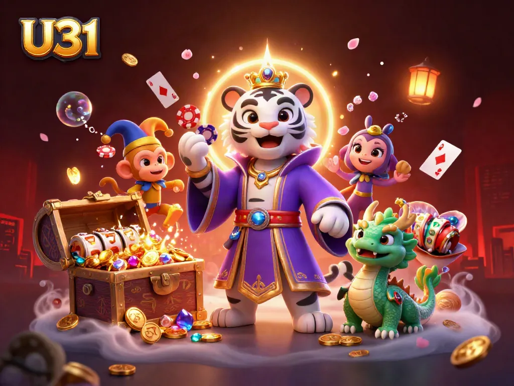 Experience U31's vibrant casino magic with a tiger, monkey, and dragon amidst treasure and cards.