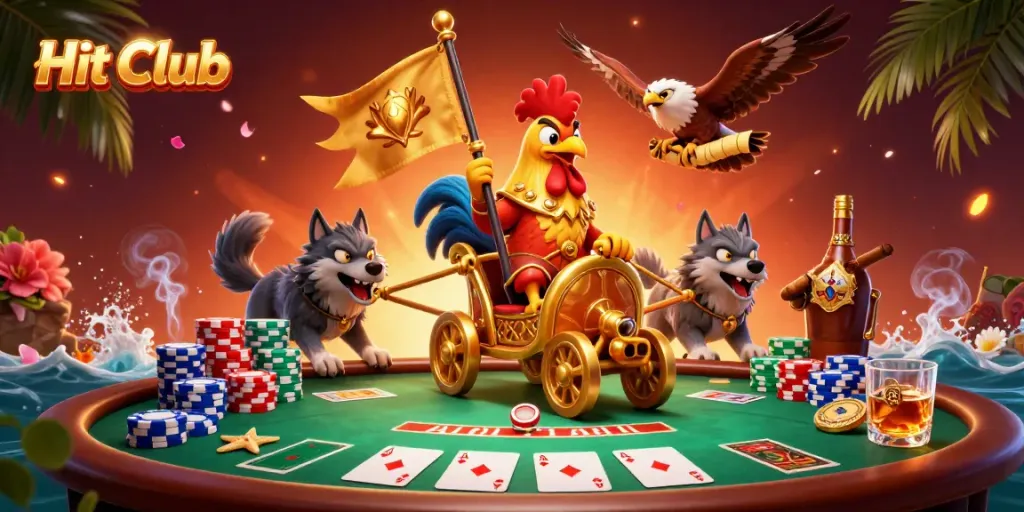 Engage in thrilling gameplay at Hit Club, featuring poker tables and vibrant characters.