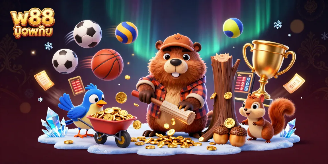 w88 มือถือ offers thrilling adventures with cartoon characters gambling in a vibrant casino scene.