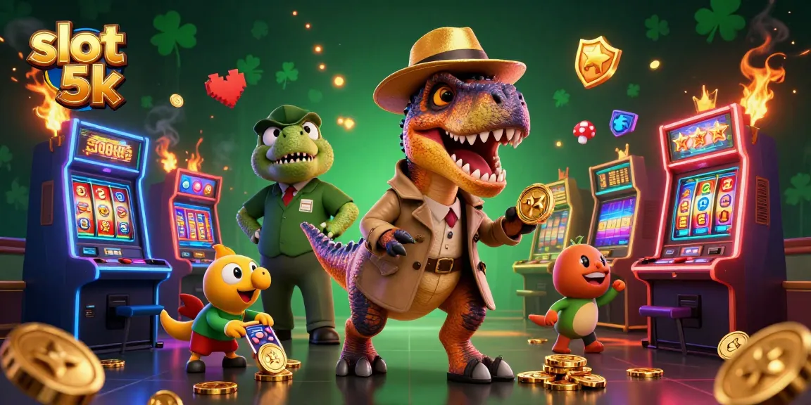 Play slot 5k with fun characters and dynamic elements at the casino in this exciting illustration.