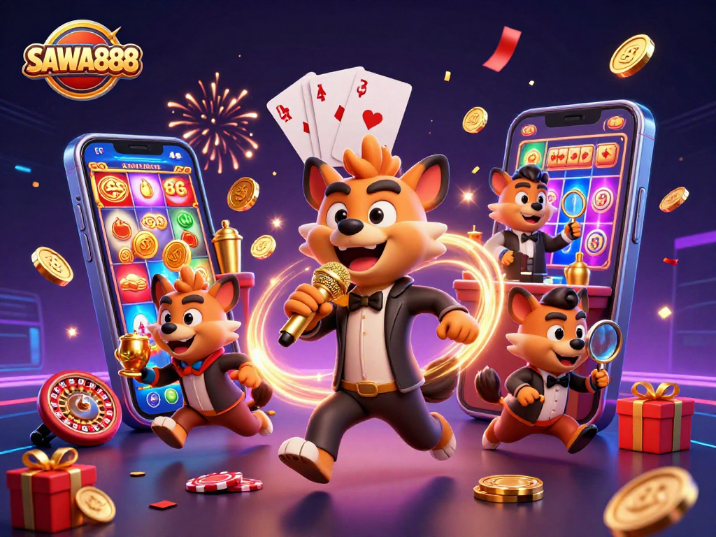 SAWA888 hyenas engage in a lively casino scene, showcasing vibrant slot games and energetic atmosphere.