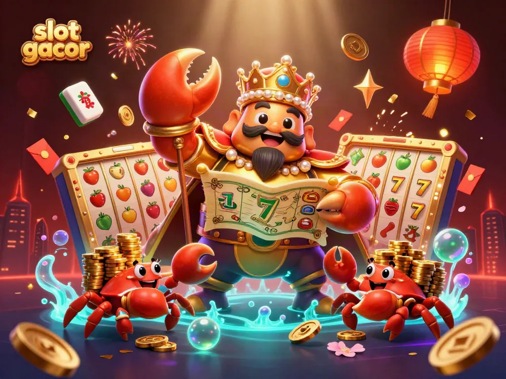 Engage with slot gacor slot machines illustrated with a golden crab emperor and festive decorations.