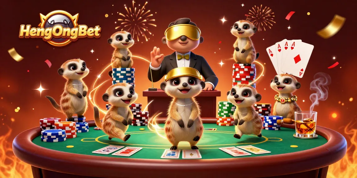 Experience the vibrant casino action at HengOngBet with meerkats running a lively operation amidst poker excitement.