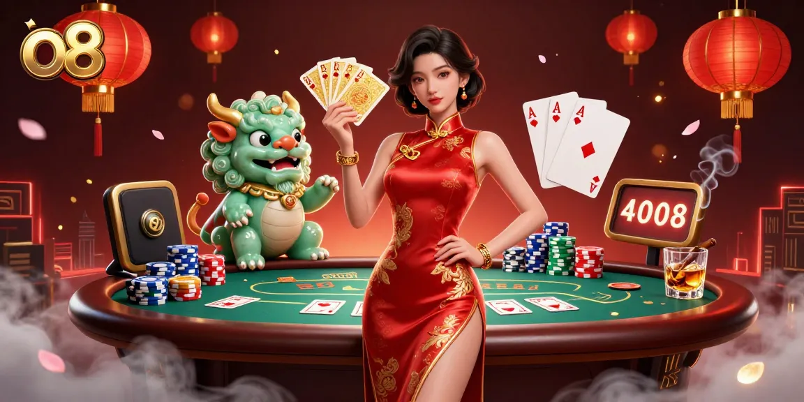 Experience the excitement of o8 casino with a vibrant scene featuring a qipao-clad woman in a high-stakes poker setting.