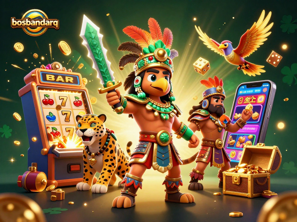 Experience thrilling action with bosbandarq through a vibrant 3D illustration of Aztec warriors and casino elements.