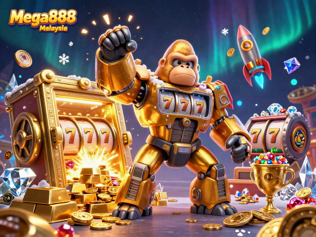 Engage in thrilling gaming with Mega888 Malaysia featuring a 3D golden gorilla mech surrounded by dazzling casino elements.