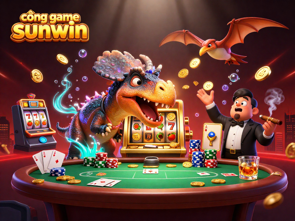 Spin the cổng game sunwin slots with a pachycephalosaurus in a vibrant casino scene.