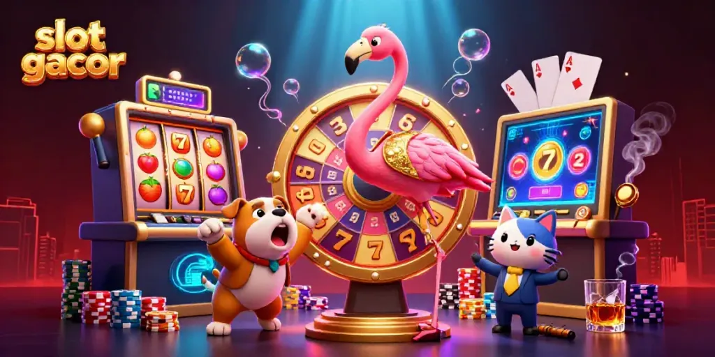 Engaging scene showcasing slot gacor with a flamingo host, bulldog contestant, and vibrant slot machine reels.