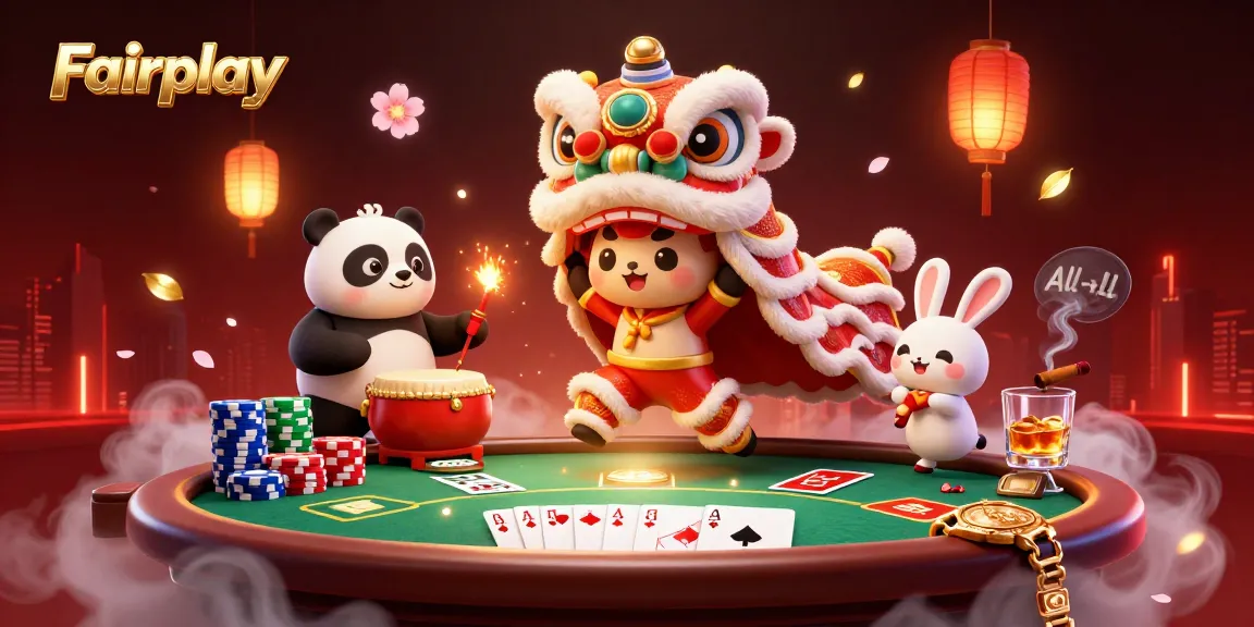 Experience Fairplay with a vibrant casino scene featuring a dancing lion, drumming panda, and poker elements.