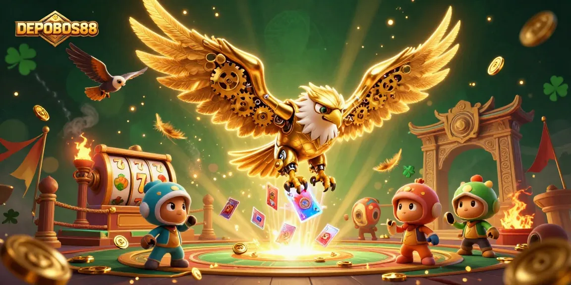 Experience the thrill of DEPOBOS88 slots with cybernetic eagles amidst vibrant holographic cards.