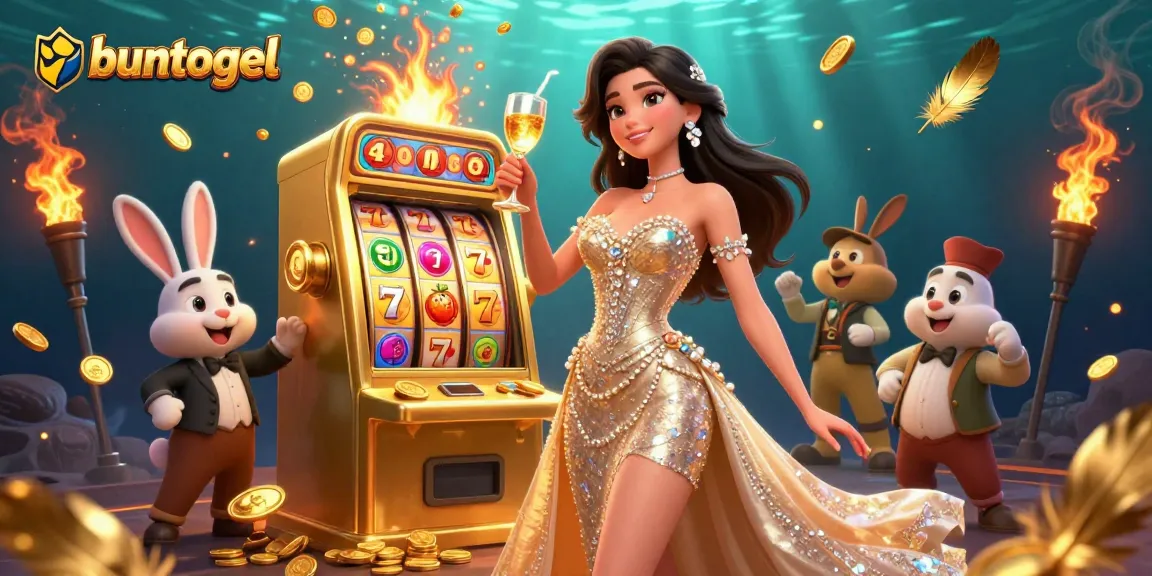 Buntogel players celebrating wins with a stunning slot machine, showcasing excitement and charm.