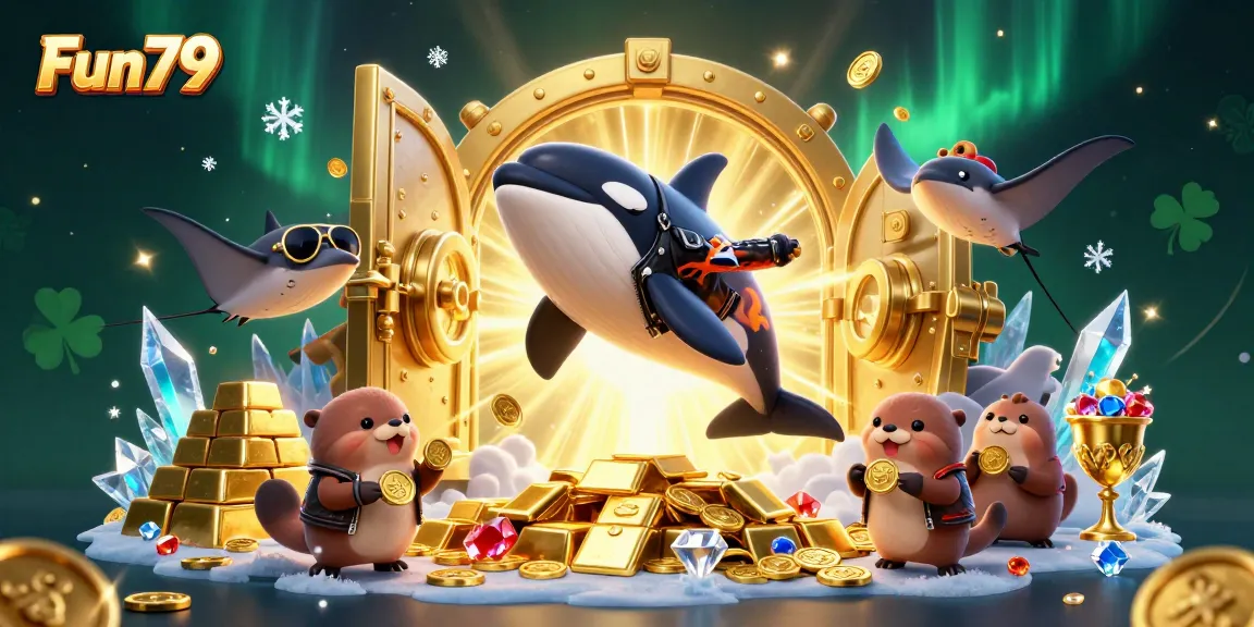 Fun79 features a vibrant 3D scene of sea creatures celebrating with treasures and gaming elements.