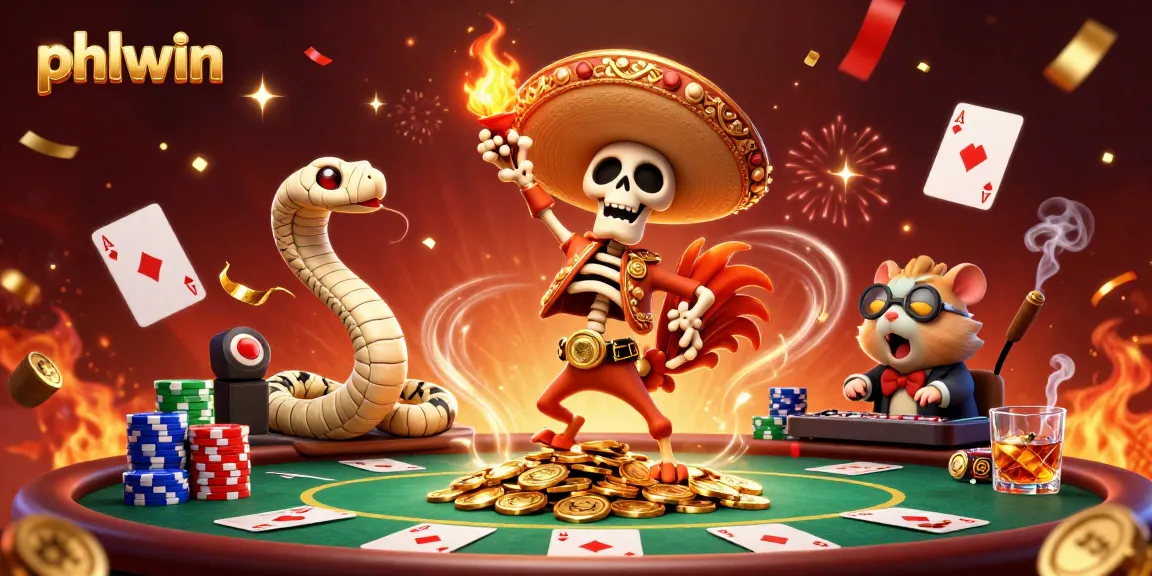 Win big with phlwin at this vibrant casino celebration featuring colorful characters and game elements.