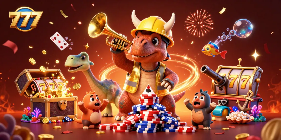 Experience exciting 777 themed casino action with triceratops and celebration elements for a rich gaming scene.