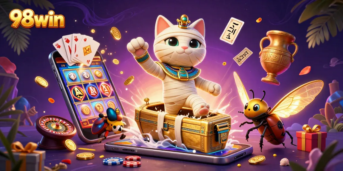 Experience the thrills at 98win with a vibrant 3D casino illustration showcasing thrilling gameplay.