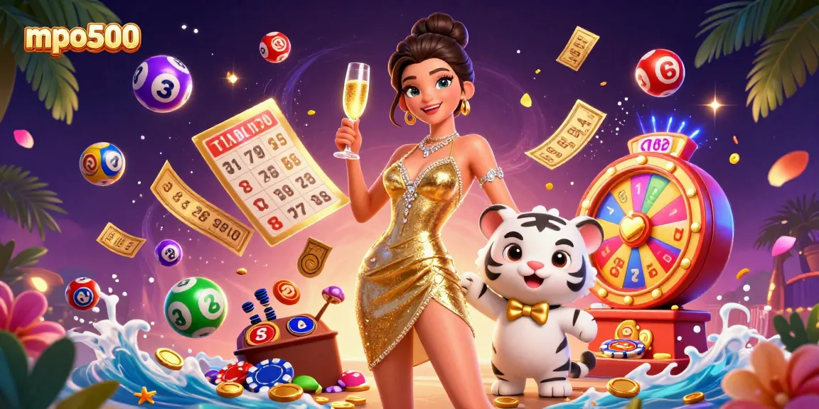 Experience excitement at mpo500 with a glamorous scene featuring casino elements and a lucky mascot.