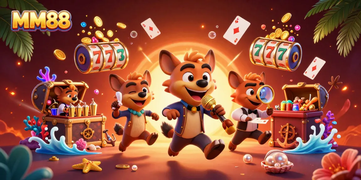 Enjoy gaming adventures at MM88 with hyenas in a vibrant casino scene featuring comedy and cocktails.