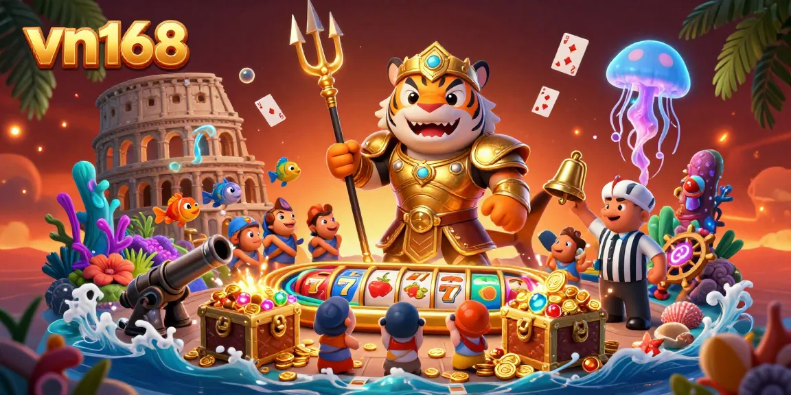 Engage in vibrant casino fun at vn168 with a jazzy underwater scene featuring a tiger shark and slot reels.